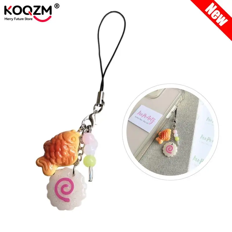 Cordão de pingente de celular pequeno peixe frisado combinando amuletos de telefone bonito jóias pendurado corrente kawaii frisado chaveiro pingente móvel