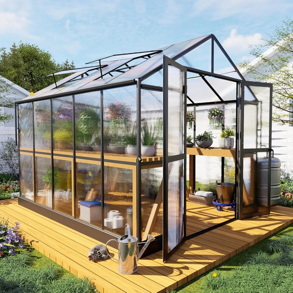 

Sunroom Winter Greenhouse Double Swing Doors 2 Vents 5.2FT Added Wall Height, Walk-in Large Aluminum Polycarbonate Greenhouse