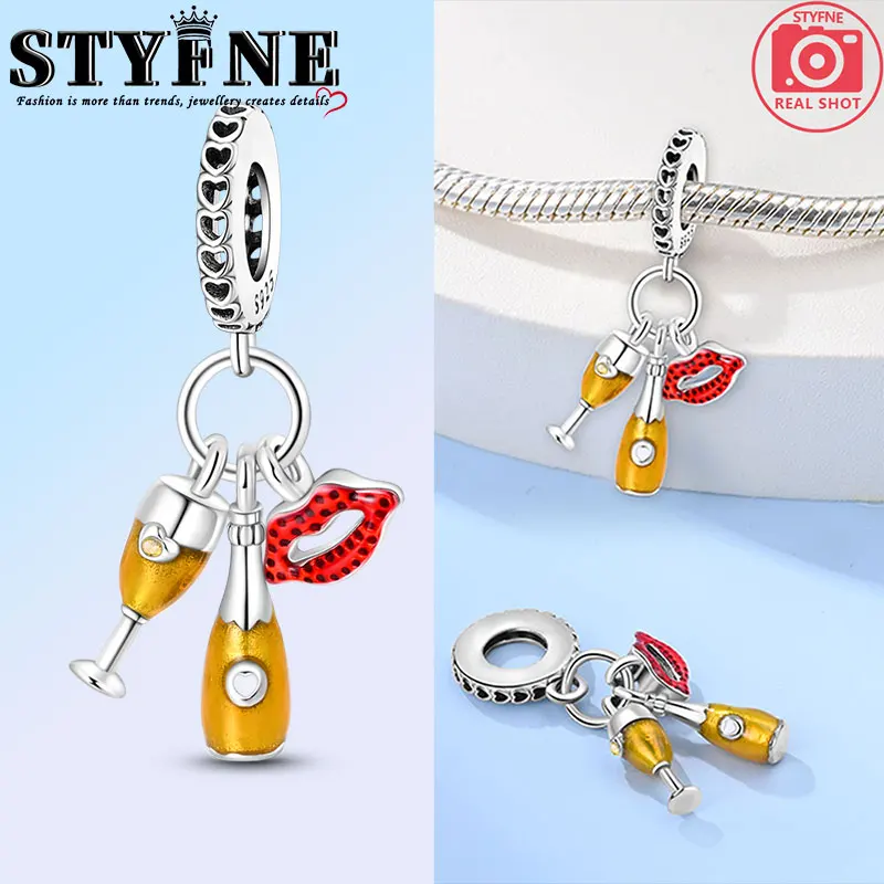 925 Sterling Silver Red Lips Fine Wine 3-Piece Travel Hobbies Charms Set Fits DIY Bracelet & Bangle Jewelry