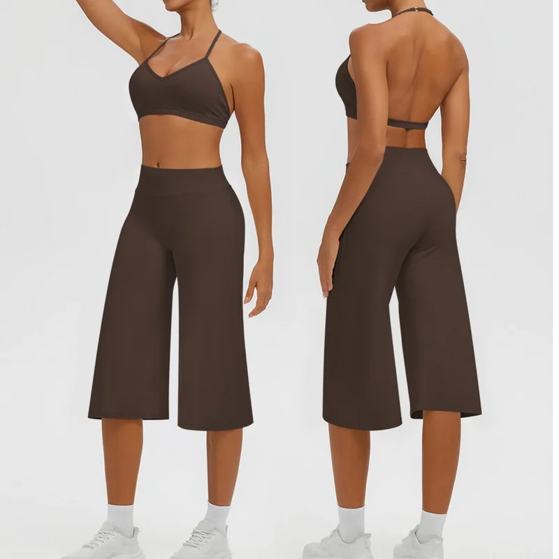 Women's Yoga Pilates Suit Neck Hanging Beautiful Back Bra High Waist Quick Drying Casual Capri Pants Gym Fitness Sportswear