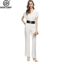 Women's Runway Jumpsuits& Rompers Sexy V Neck Short  Sleeves Tasels Detailing High Street Fashion Designer Pants