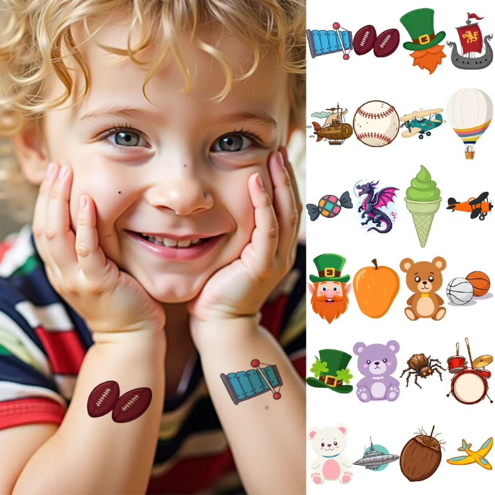 

54pcs Temporary Tattoo Robot Cartoon Drums Ice Cream Waterproof Long-lasting Body Stickers Leprechaun For Arms Children Boys