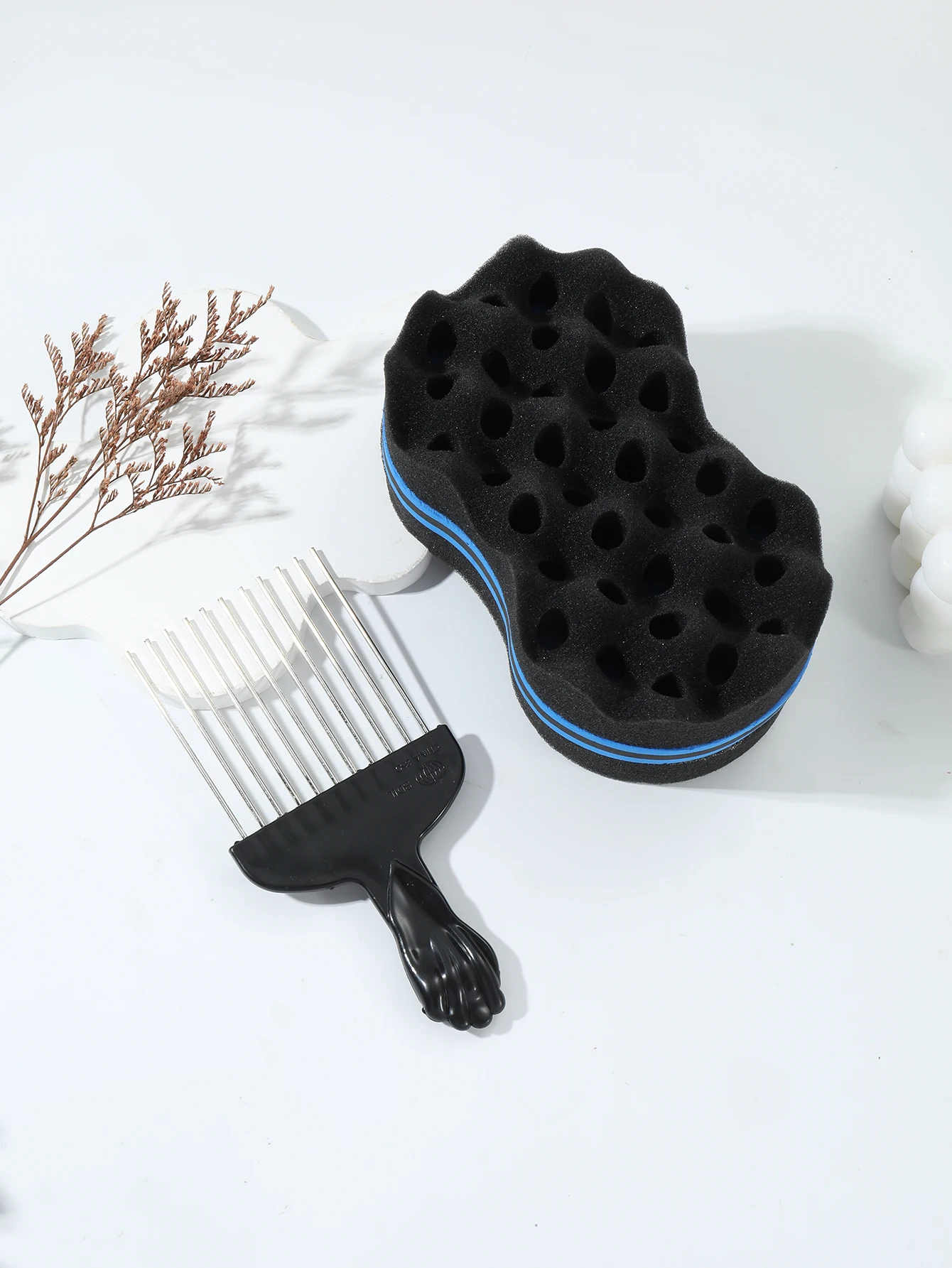 2pcs Afro Hair Styling Set, Curl Sponge & Pick Comb Tool