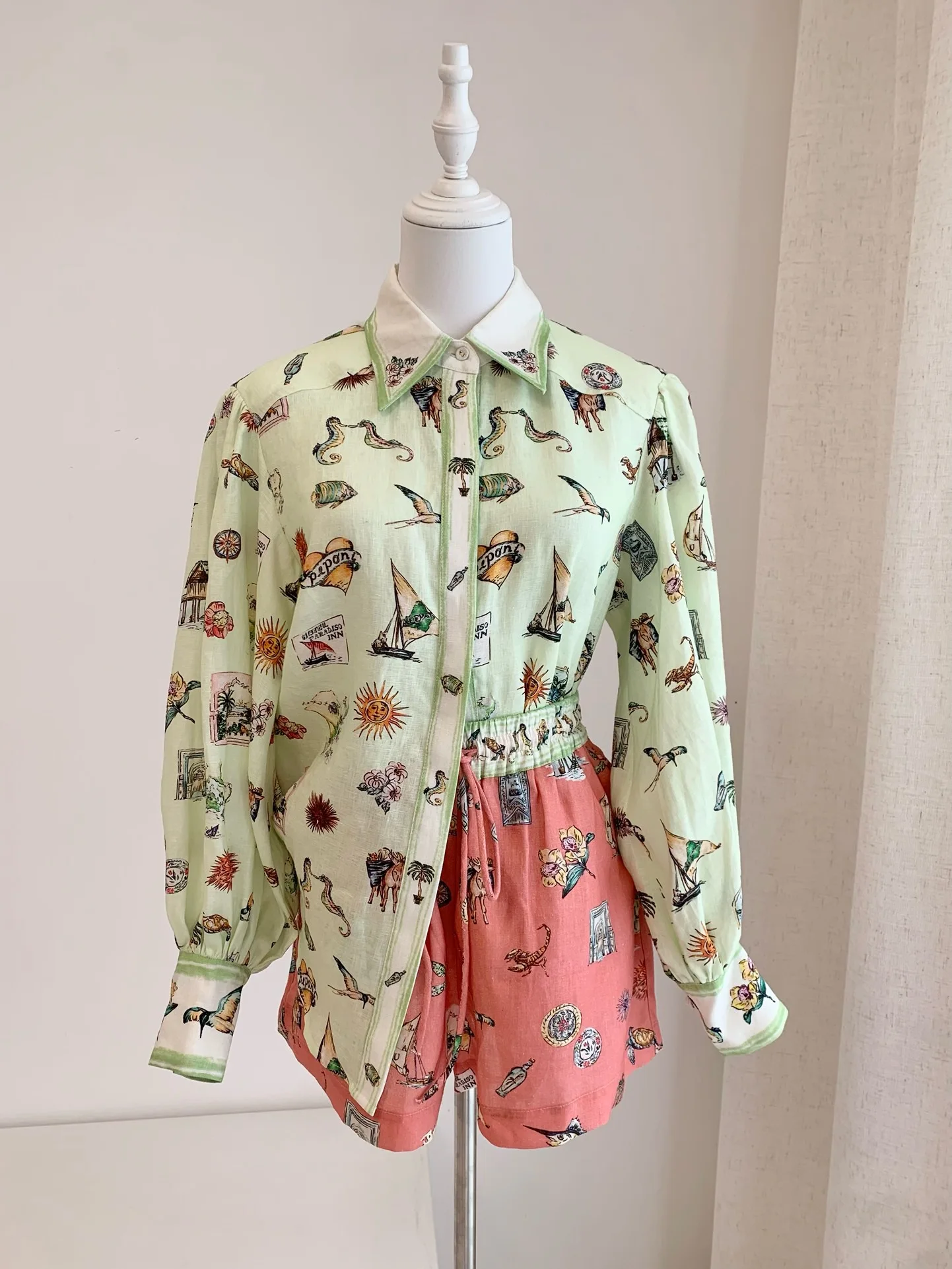 Women's Pan Collar Long Sleeve Floral Linen Print Casual Top or Elastic Waist Shorts