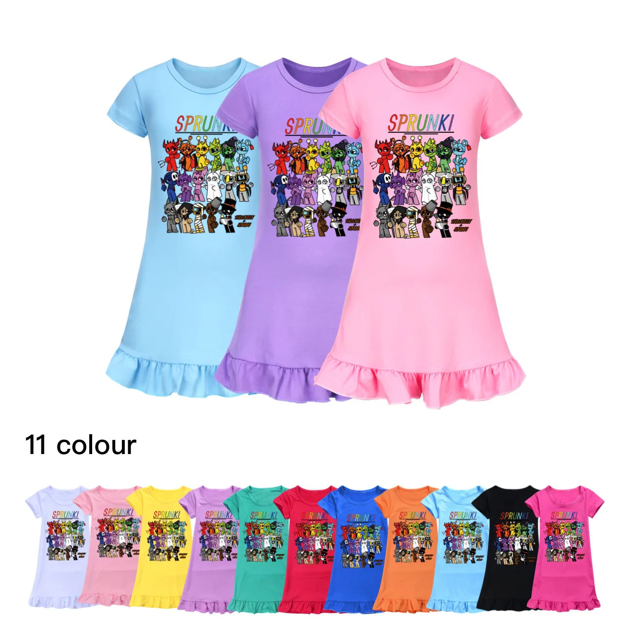 Hot Sprunki Incredibox Music Girls Nightdress Clothes Cartoon Pajamas Dress Clothing Short Sleeve Pajamas Dress Kids Family Wear