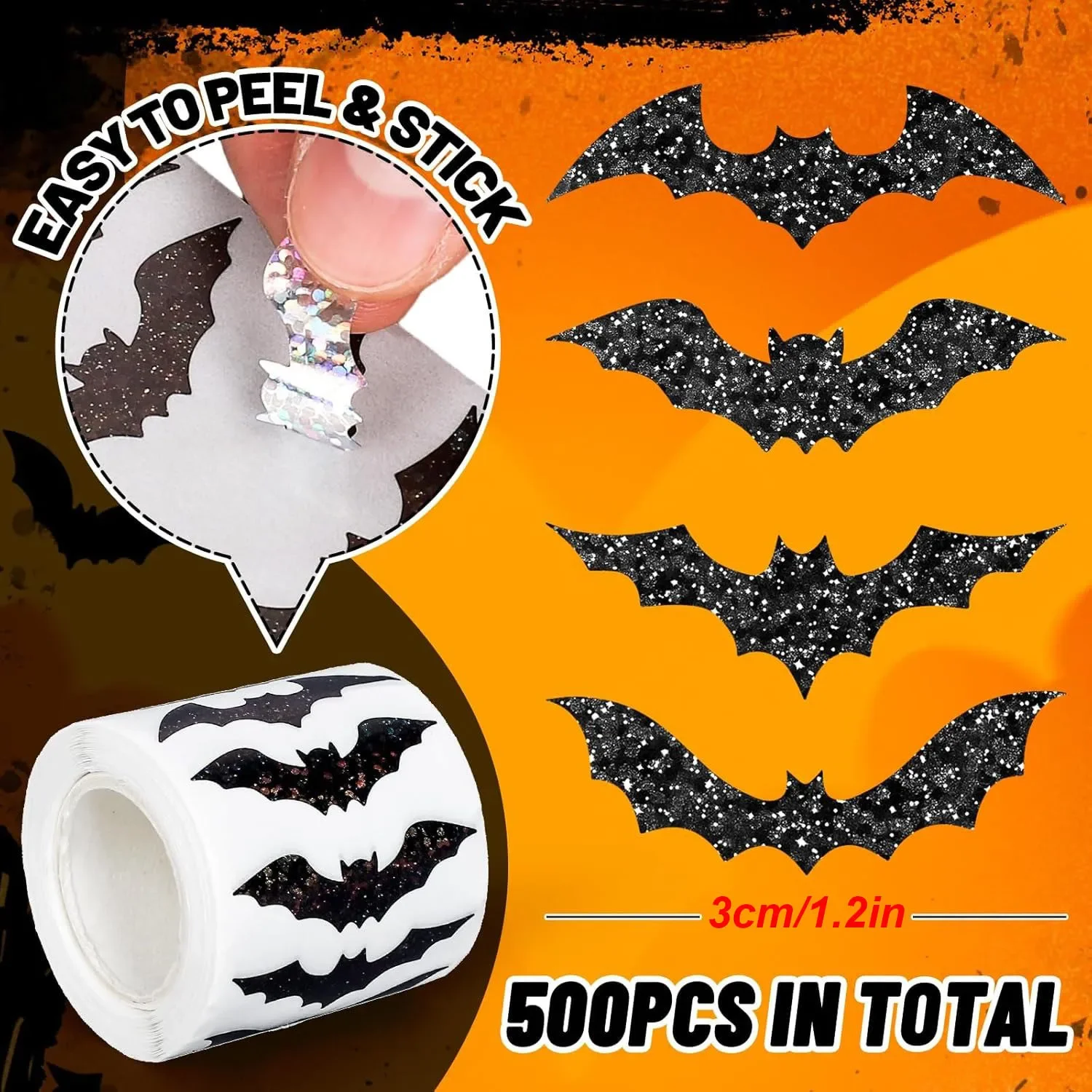 500 Stück Halloween-Fledermaus-Aufkleber, Rolle, Laser, schwarze Fledermaus, wasserdicht, glitzernd, selbstklebende Aufkleber für Halloween-Party – Detail 2