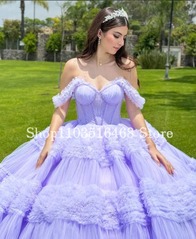 Vestido de princesa fora do ombro, Laço doce Glitter trem, roxo luxuoso, roxo lilás, 15 vestidos Quinceanera, México 15