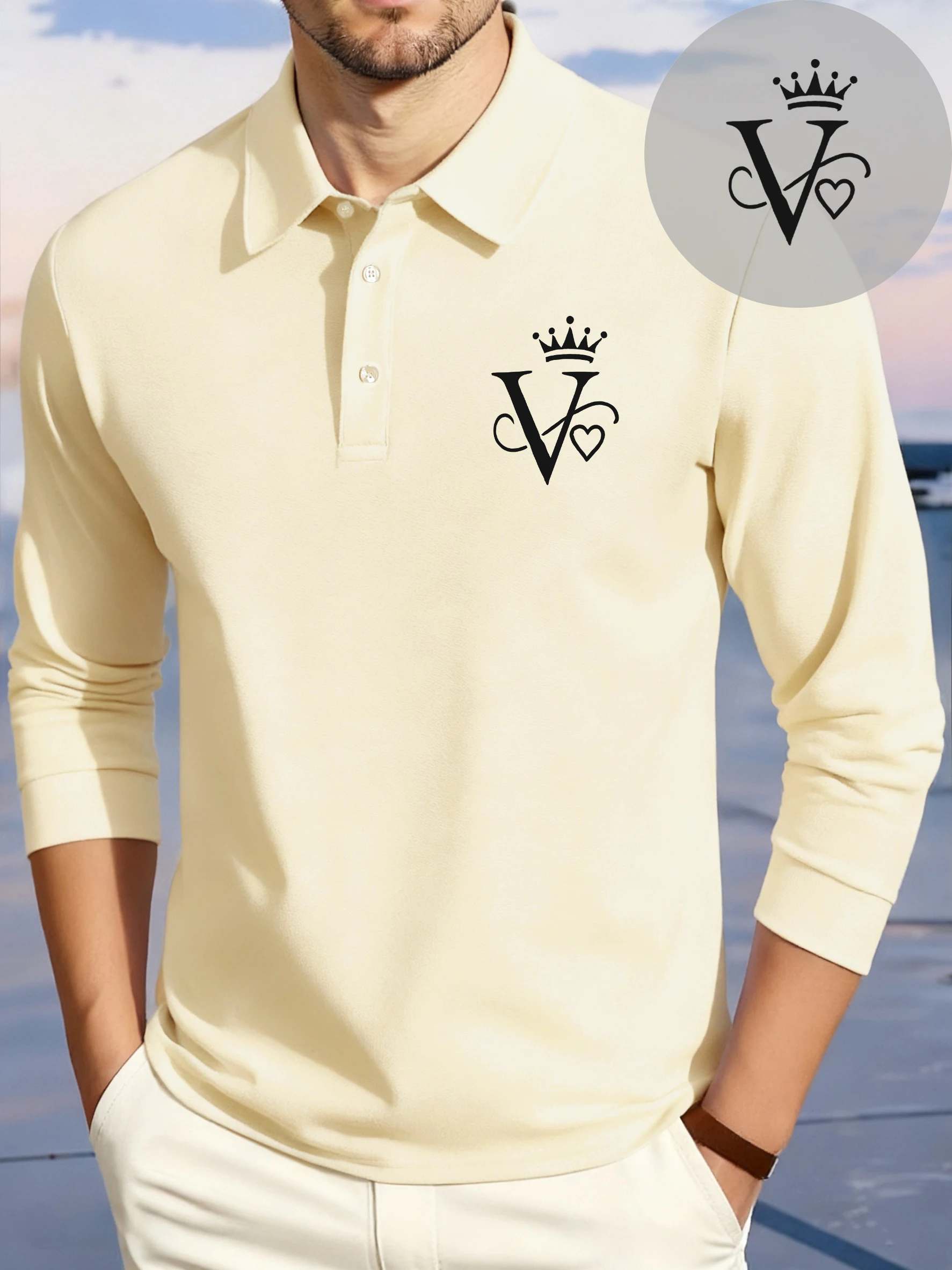 

Crown Heart Letter V Simple Printed Men Polo Shirts Casual Business T-Shirt All-Match Culture Clothing Lapel Fleece Long Sleeves