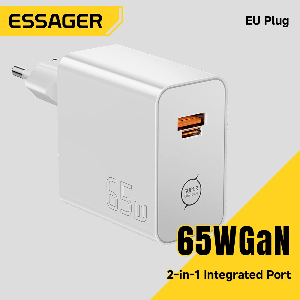 ESSAGER 65W GaN Fast Charger PD3.0 PPS QC4.0 Compatible with iPhone 17/16 Samsung MacBook Air Huawei - Compact High-Speed Charge