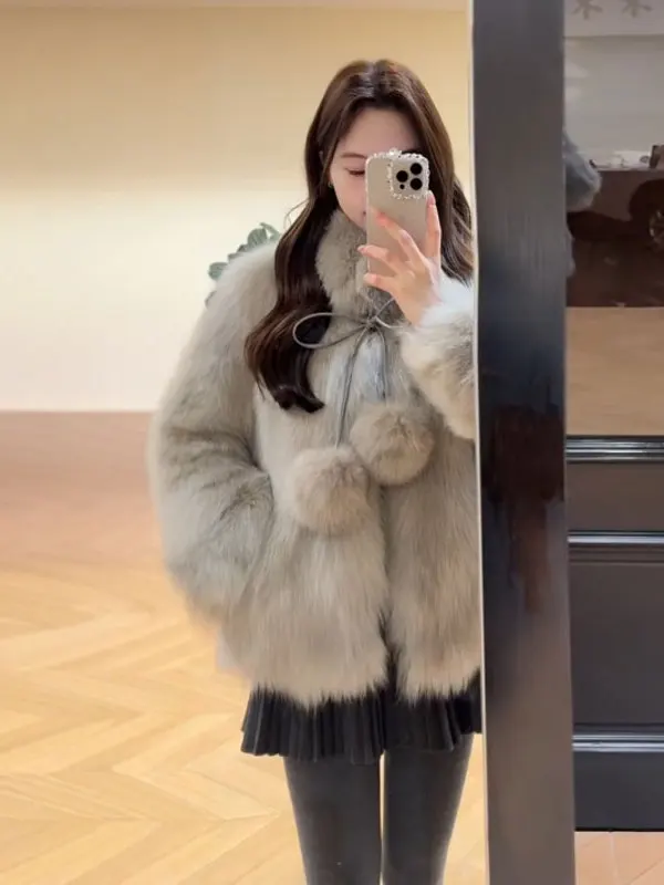 

Корейская модная шуба с модным мехом, молодежная верхняя одежда из цельной кожи, повседневная теплая цветная стойка, длинный воротник-стойка