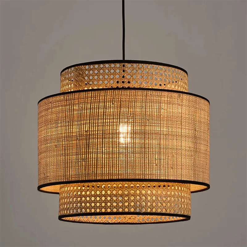 Japanese Retro Double-layer Rotundity Rattan Weaving Ceiling Pendant Light Living Room Bedroom Restaurant Tea House Hanging Lamp