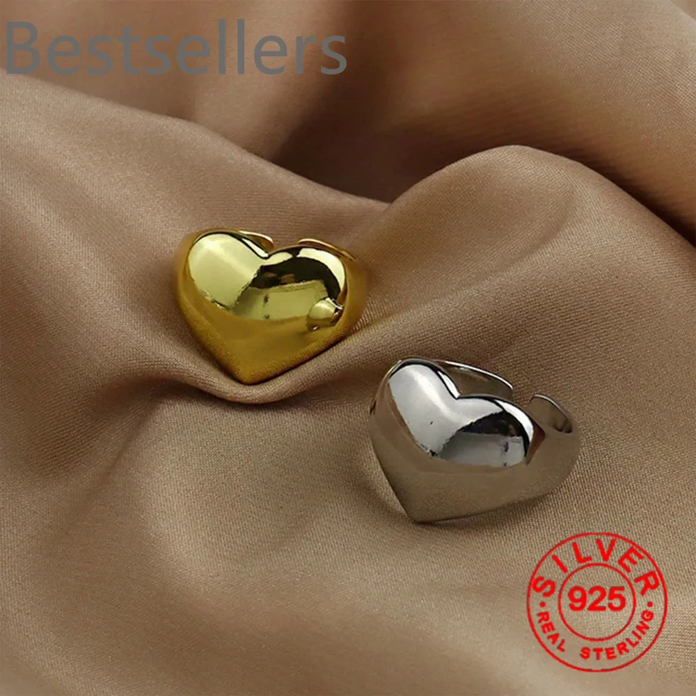 925 Silver Rings for Women Fashion Geometric Handmade Irregular Gold Heart Ring Party Christmas Gift