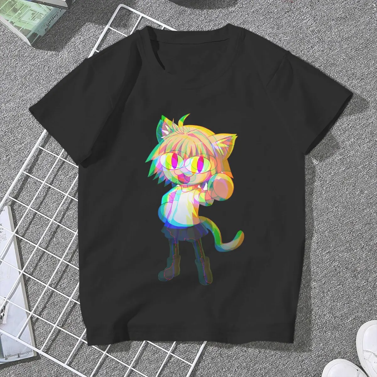 Effect Glitch Color Women Clothing Neco Arc NECOARC Cat Graphic Female Tshirts Vintage Graphic Loose Tops Tee