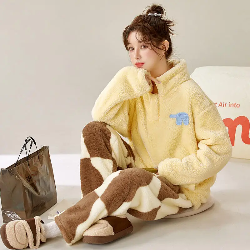 

Женские пижамы, домашняя одежда, одежда для сна, домашняя одежда для девочек, студенческий утепленный фланелевой костюм на флисовой подкладке, весна-осень-зима, костюм из двух предметов