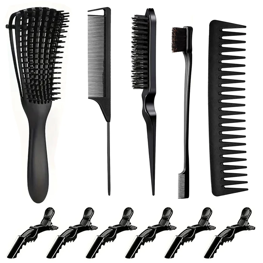 11 Pcs Hair Styling Kit for Women:Wide Tooth Comb, Detangler & Teasing Edge Brush, Rat Tail Comb, Alligator Clips for Curly Hair
