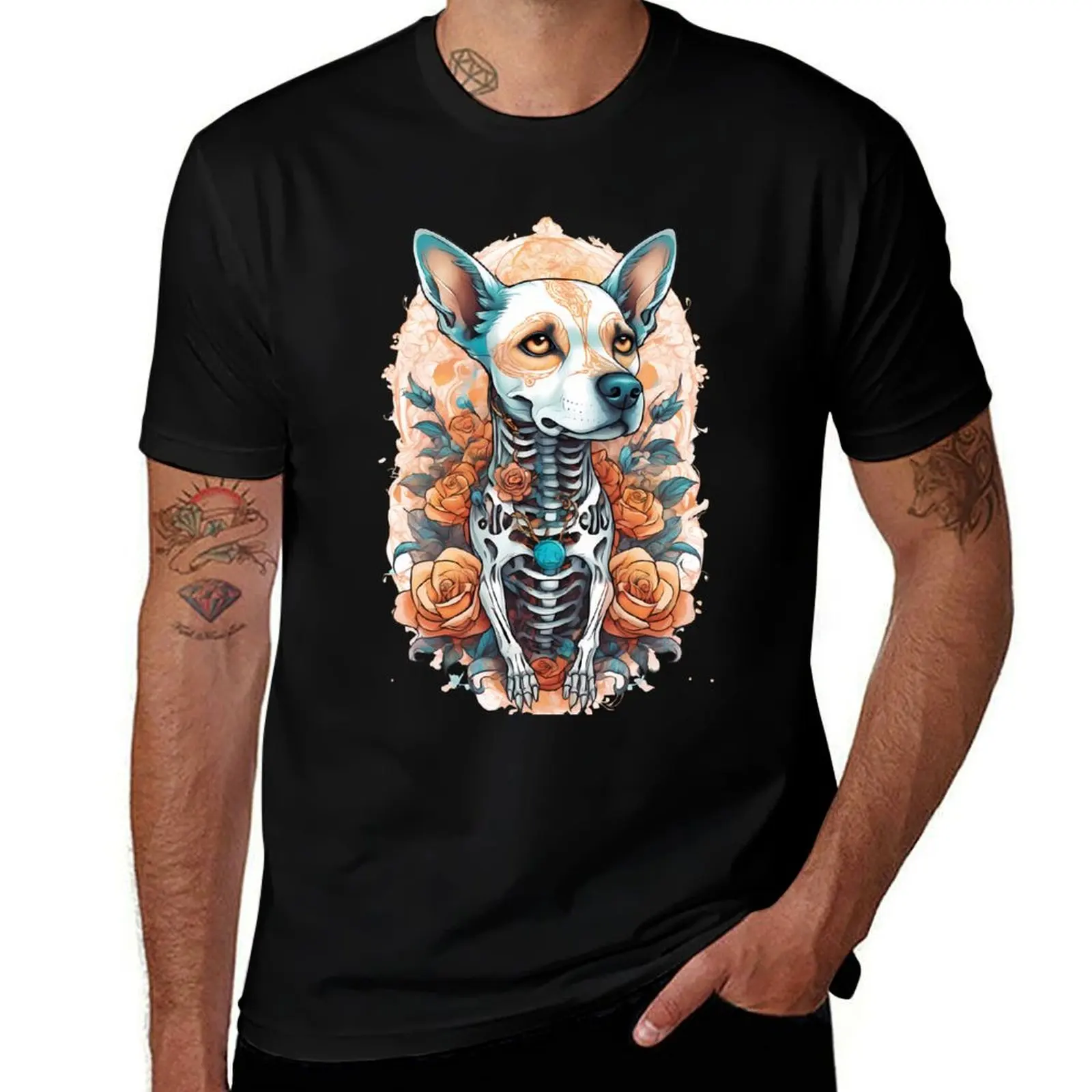 

Gothic Skeuomorphic Dog Skeleton Art T-Shirt Casual Loose Fit Short Sleeve T-Shirt