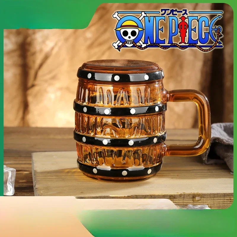 Anime Figure One Piece Wooden Barrel Glass Water Cup with Lid Glass Mug Transparent Beer Glass Wine 470ML Gift