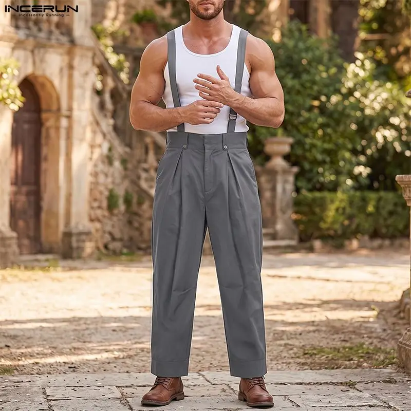 2026 Men Jumpsuits Pants Solid Color Loose Joggers Casual Straps Rompers Men Streetwear Fashion Leisure Overalls S-5XL INCERUN