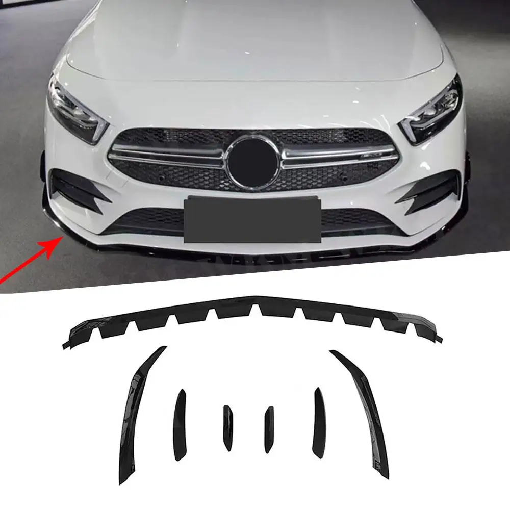 

ABS Gloss Black 7PCS Front Bumper Lip Chin Splitters With Side Trims for Mercedes Benz A Class W177 A35 AMG 2019-2022 Sedan