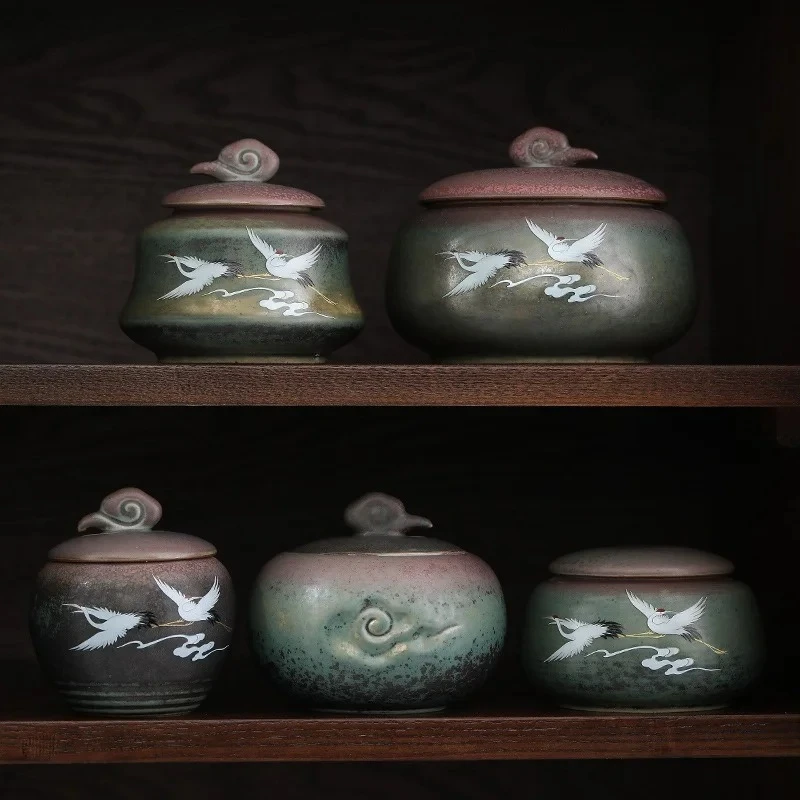 Crane Tea Caddy Ceramic Storage Jar Tea Box Sealed Jar Candy Jars Grain Tank Container Organizer