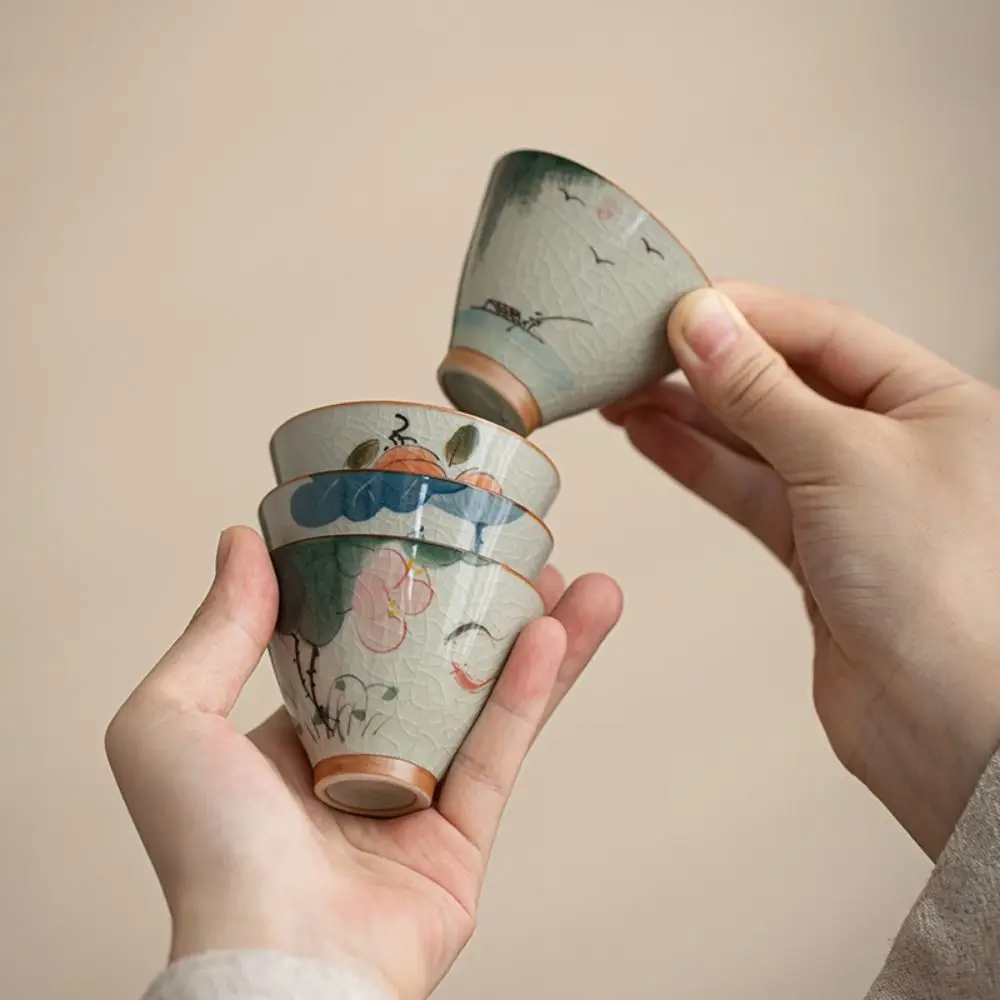 Hand-painted Ge Kiln Ceramic Tea Cup Lotus Graphic Chinese Kung Fu Tea Cup Non-Scald Retro Tea Tasting Cups Household - Image 5