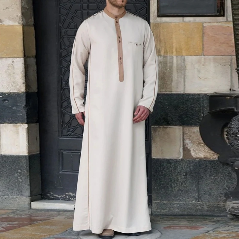 634C Mens Robe Muslims Clothes Loose Neck Arab Middle Quality Kaftan Muslims Thobe Robe Long Sleeve Gowns Ethnic Clothes