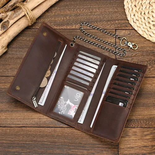 Imagen 1 del producto Cartera de cuero de estilo lujoso para hombre con cadena de hierro, monedero con Clip de cuero genuino para hombre, cartera larga a la moda para hombre, triangulación de envíos