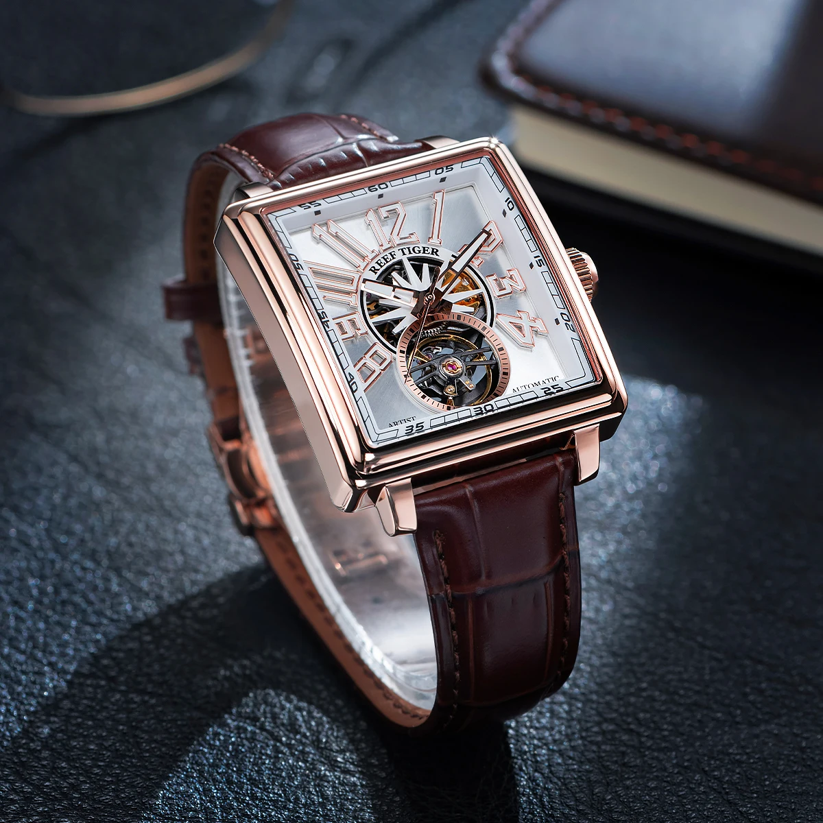 Reef Tiger RT RGA5026 Star Wheel Dial Square Men's Automatic Mechanical Watch Simulated Tourbillon Leather Strap Clock Reloj