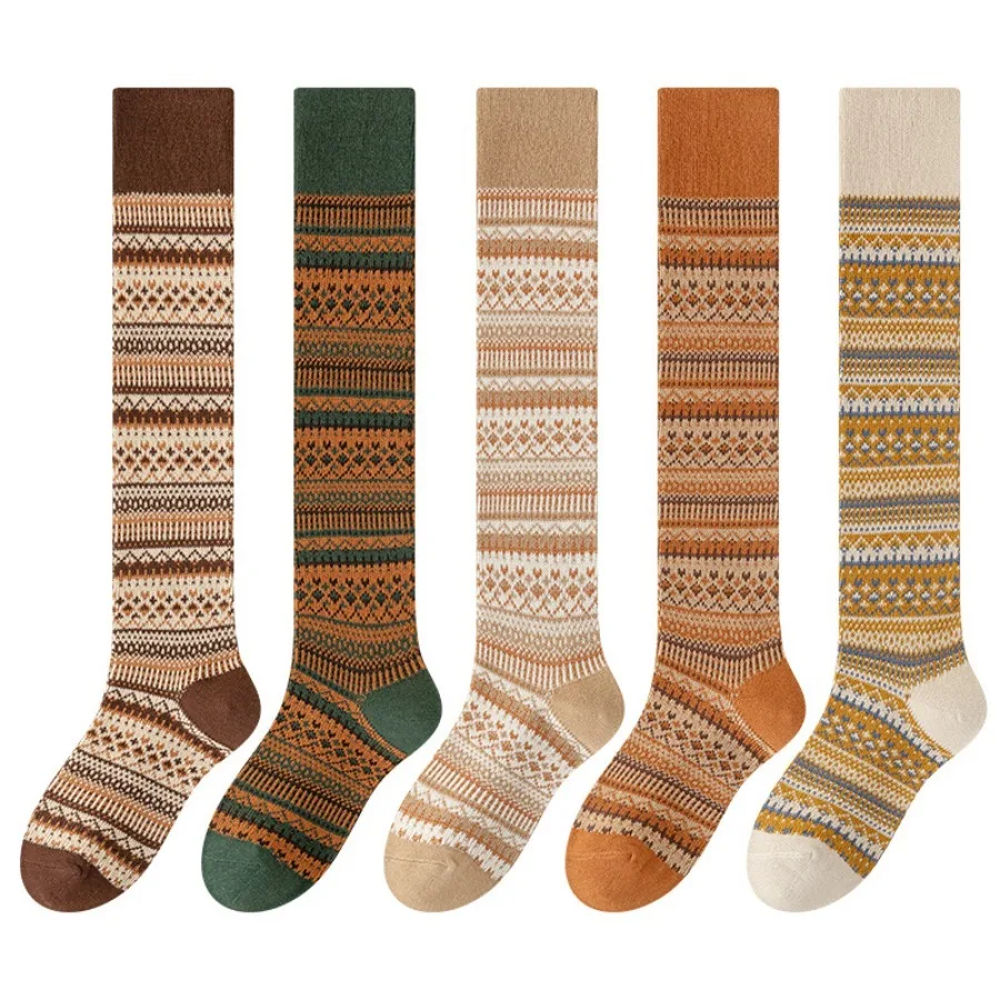 1 زوج من الخريف والشتاء الجوارب الدافئة موجة العجل ، الجوارب الدافئة نمط الرجعية ، جديد عصري مخطط عالية أنبوب جوارب ضغط دافئة #1