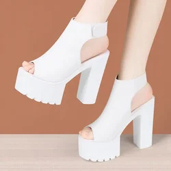 14cm Small Size 33-43 Sexy Open Head Block High Heels Sandals 2024 Summer Soft Leather Chunky Platform Shoes for Model Party