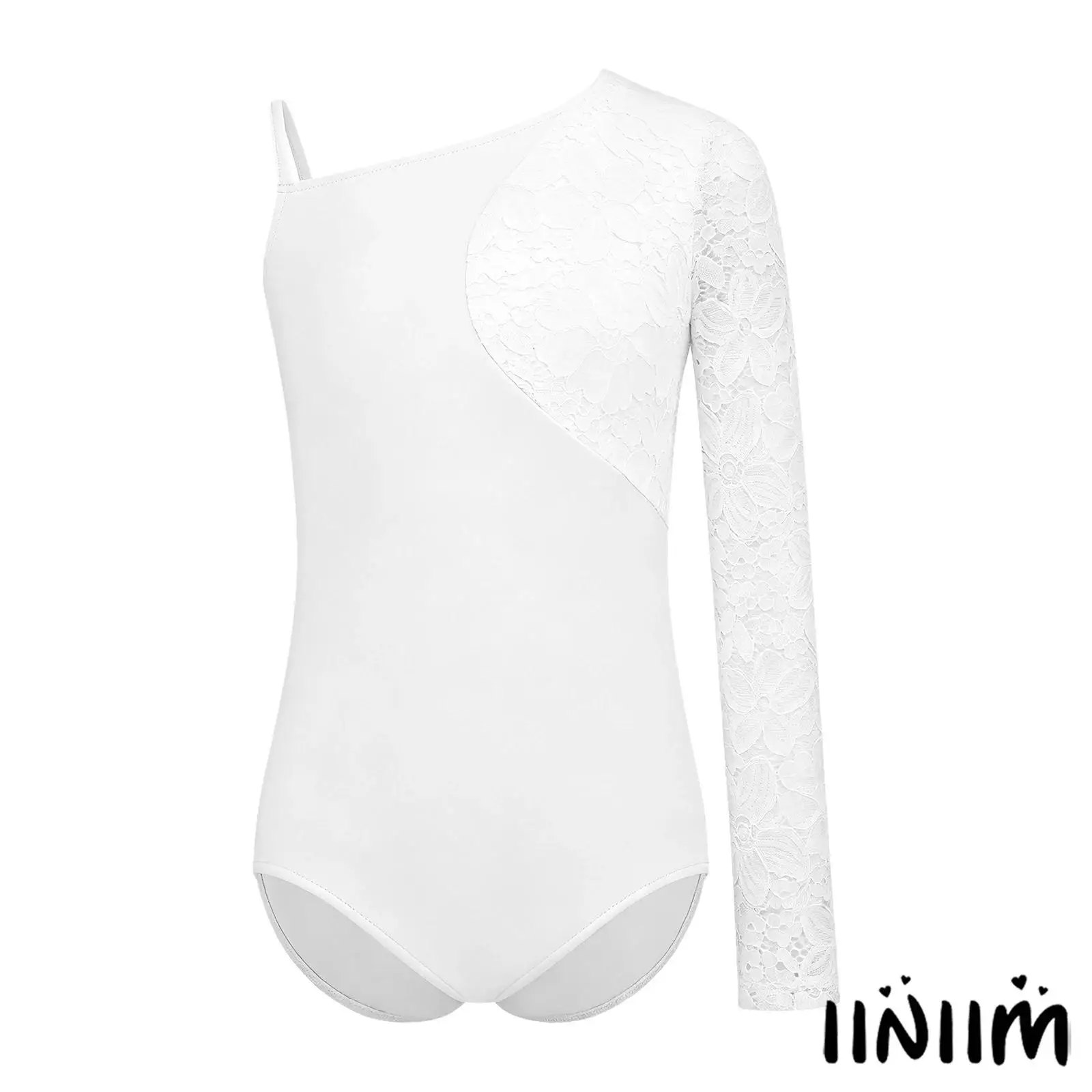 

Kids Girls One Shoulder Lace Long Sleeve Ballet Leotard Press Button Bodysuit for Skating Dance Practice Performance Competition