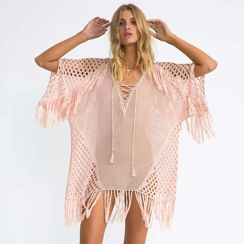 Sand Beach Wear Beach Coat Hollowed-out Knitted Fringed Blouse Lady   Holiday Bikini Tassels Swimsuit Seaside Sunscreen Women W5