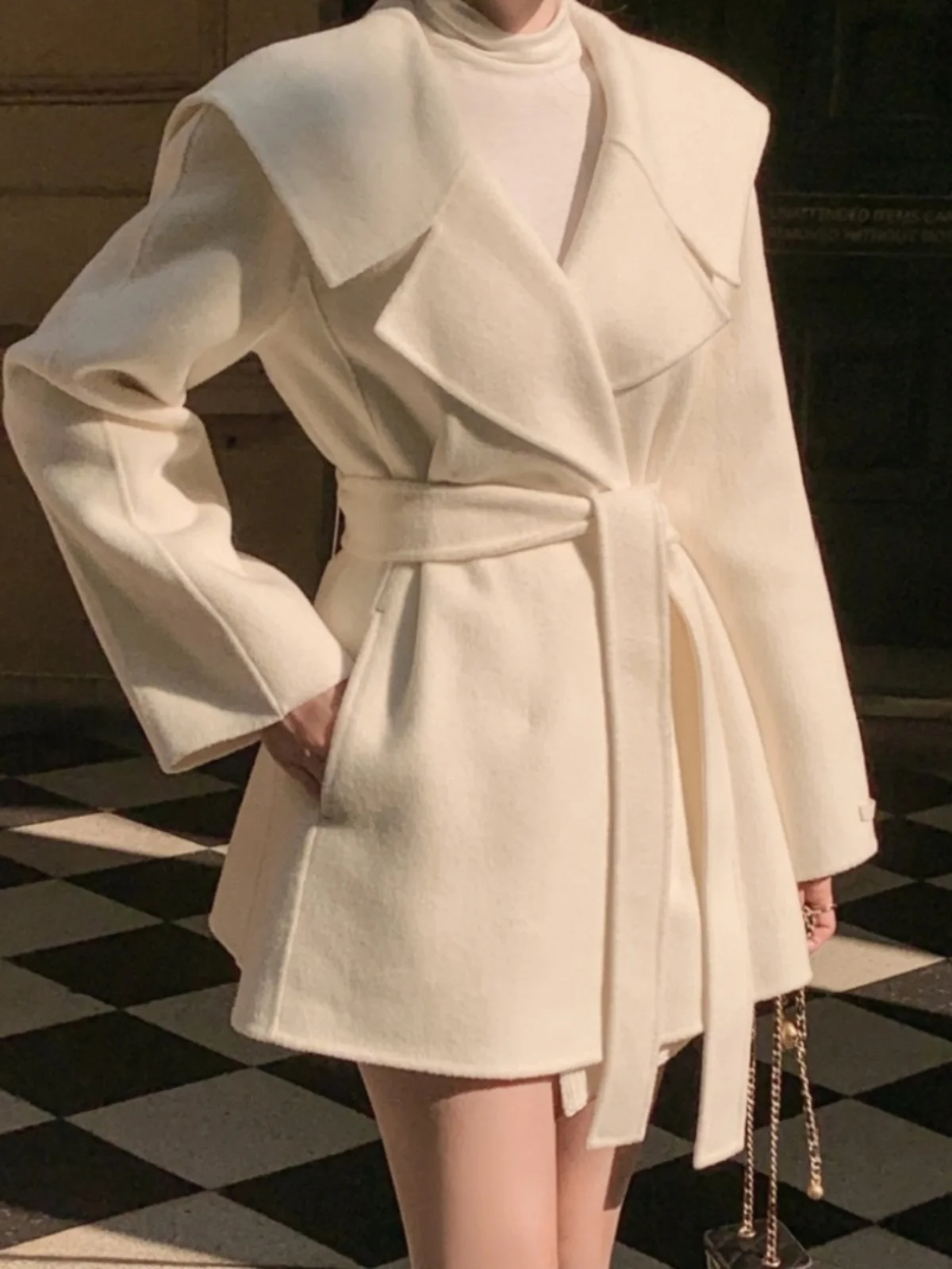 

Ele Navy Woolen Coat Women's Winter Korean Sle Vintage Flap Collar Small Size Belted Dr Coat Long Sve Pure Color