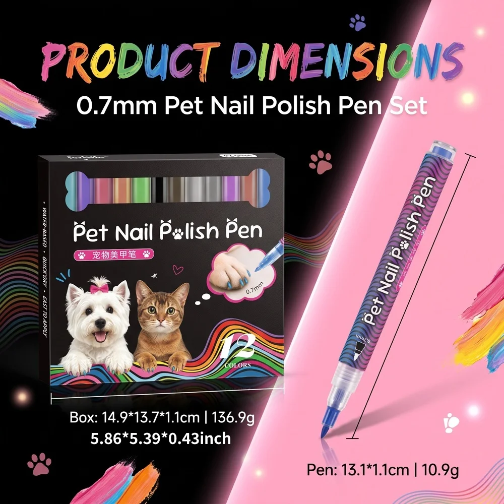 12 Colors Pet Nail Art Pen Set, Dog & Cat Paw Markers, 0.7mm Fine Tip, Easy Coloring, Pet Grooming DIY & Photo Decor