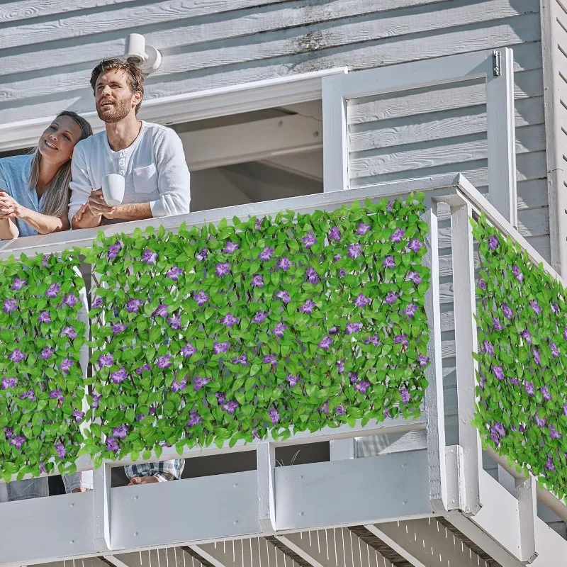 (Single Sided Leaves) Fence Privacy Screen,  Panel for Balcony Patio Outdoor, Artificial Hedges Screen, Purple Flower