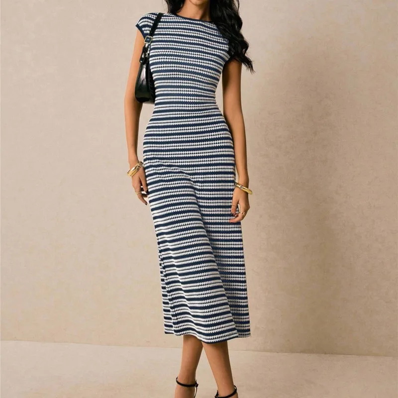 2026 Casual Dress Summer Vestidos Dresses Vestido Woman Contrast Striped Round Neck Fashion Temperament Simple Style All-match