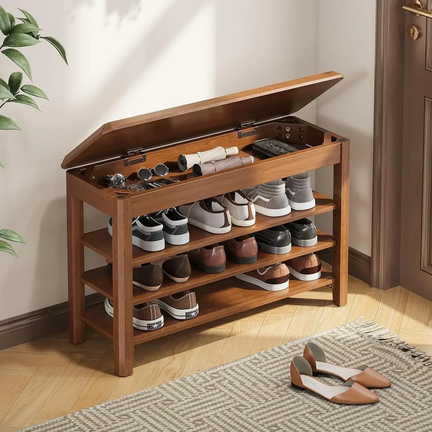 

Shoe Rack Bench Seat Rubberwood 3-Tier Wooden Storage Bench 550lbs Compact Mid-Century Modern Design for Entryway, Hallway