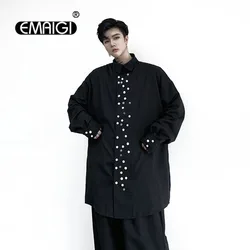 Men Long Sleve Button Design Loose Casual Black Long Shirt Male Japan Streetwear Hip Hop Punk Gothic Dress Shirt Stage Clothes