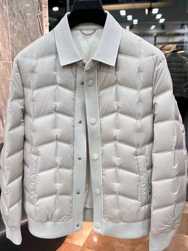 Winter Mens Business Work Thick Warm Down Jacket Slim Fit Single Breasted Spliced Outwear Coat Vintage Office Casual Overcoat