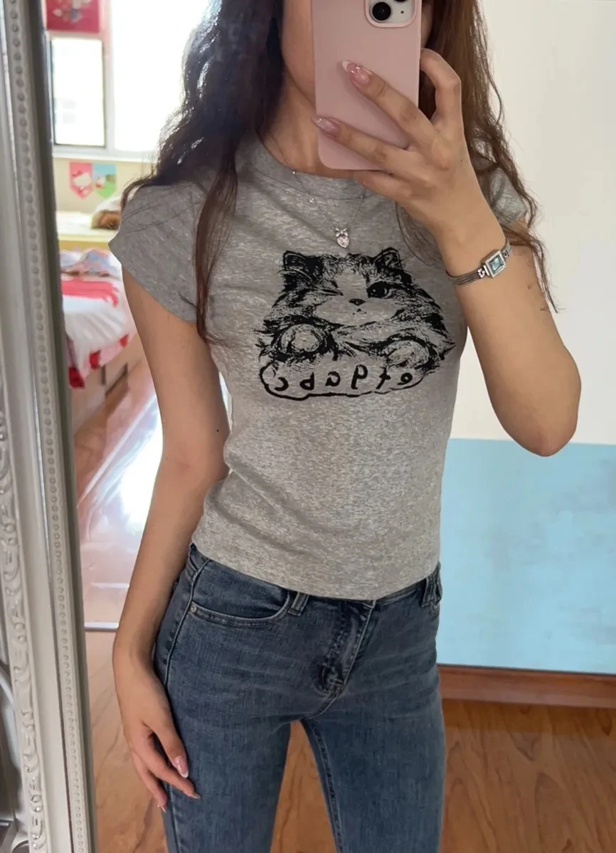 

Cartoon Kitten Print Grey Slim T-Shirt Cute Round Neck Short Sleeve Summer Fashion Waist Tight Spicy Girl Versatile Shirring