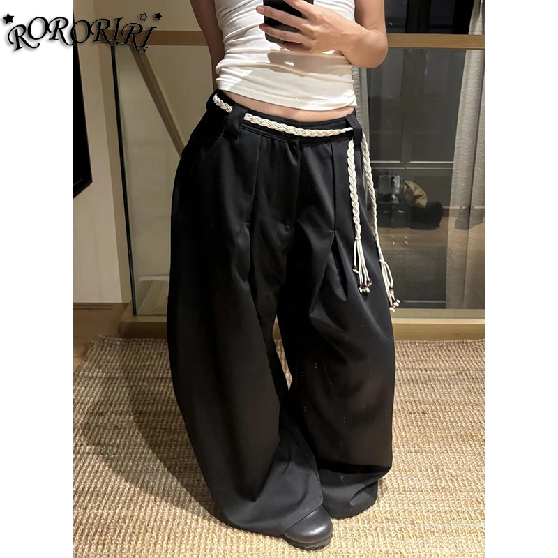 

RORORIRI Retro Pleated Black Horseshoe Suit Pants Women Pockets Oversize Solid Casual Wide Draped Trousers Business OL Clothes