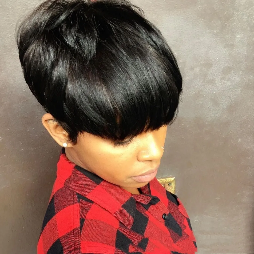 픽시 컷 가발 인모 짧은 가발 여성용 기계 제작 픽시 가발 앞머리 포함