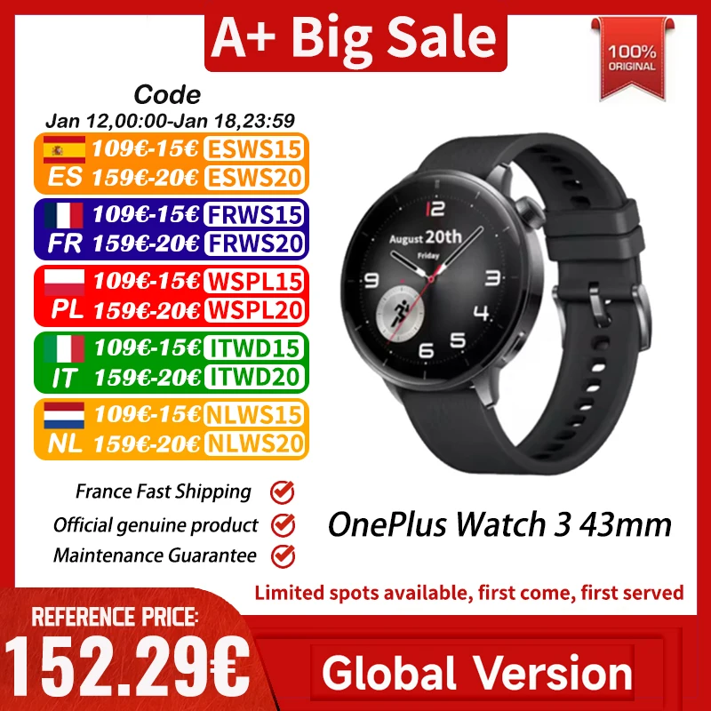OnePlus montre 3 43mm Version mondiale montre intelligente 1.32 "AMOLED affichage prise en charge NFC GPS Bluetooth appel SpO2 détection de chute
