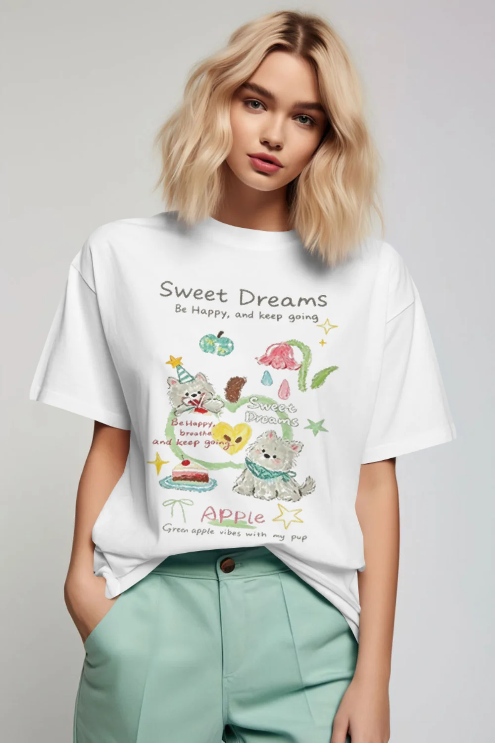 Sweet Dream Print T-Shirts Women Summer Casual Loose Short Sleeve Tees Hipster Cute Aesthetic Astrology Tops