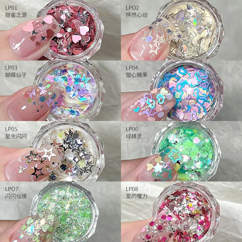 

1 Box Mixed Glitter for Nails Starry Sky Flash Four Star Love Star Girl Pink Glitter DIY Nail Charm Decoration