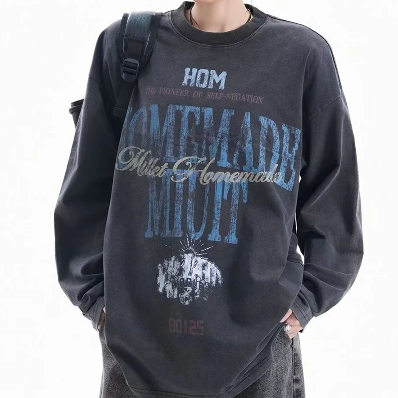 

Y2k винтажная футболка в стиле хип-хоп для мужчин, хлопковая футболка с надписью, футболки с длинными рукавами и круглым вырезом, мужская одежда большого размера, топы