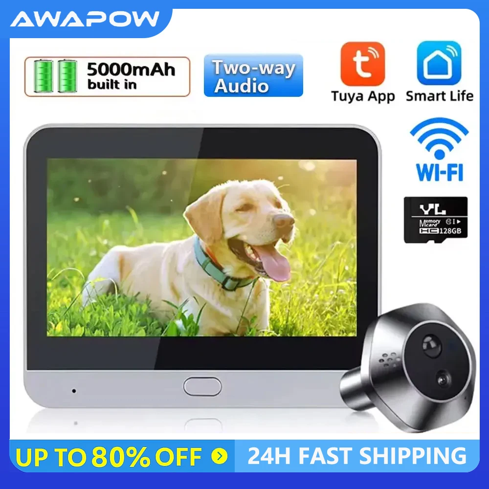 Awapow 4.3inch Tuya Doorbell Camera Wifi Peephole Door View PIR Motion Detection Two Way Audio Smart Digital Door  видеоглазок