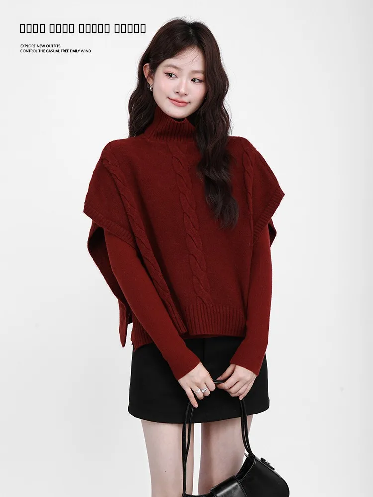 

Красный свитер с высоким воротником Cisas, свободный крой, базовый слой, длинный рукав, зимний модный комплект из двух предметов