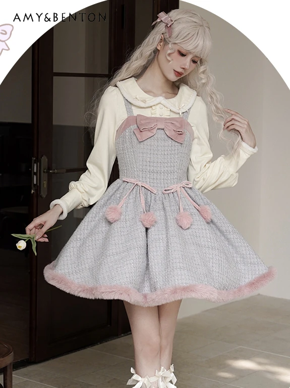 Daily Lolita Dresses Women Sweet Cute Bowknot Tweed Cloak Strap Dress Sets Women Winter New Thicken Kawaii Slim Fit Mini Dress