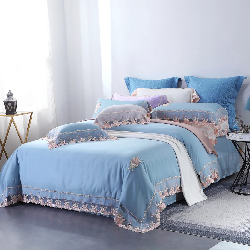 Embroidered Lace 4/7Pcs Bedding Sets Sky Blue Lyocell Fabric Super Soft Quilt Cover Pillowcase Sheets Bedspread Cushion Cover